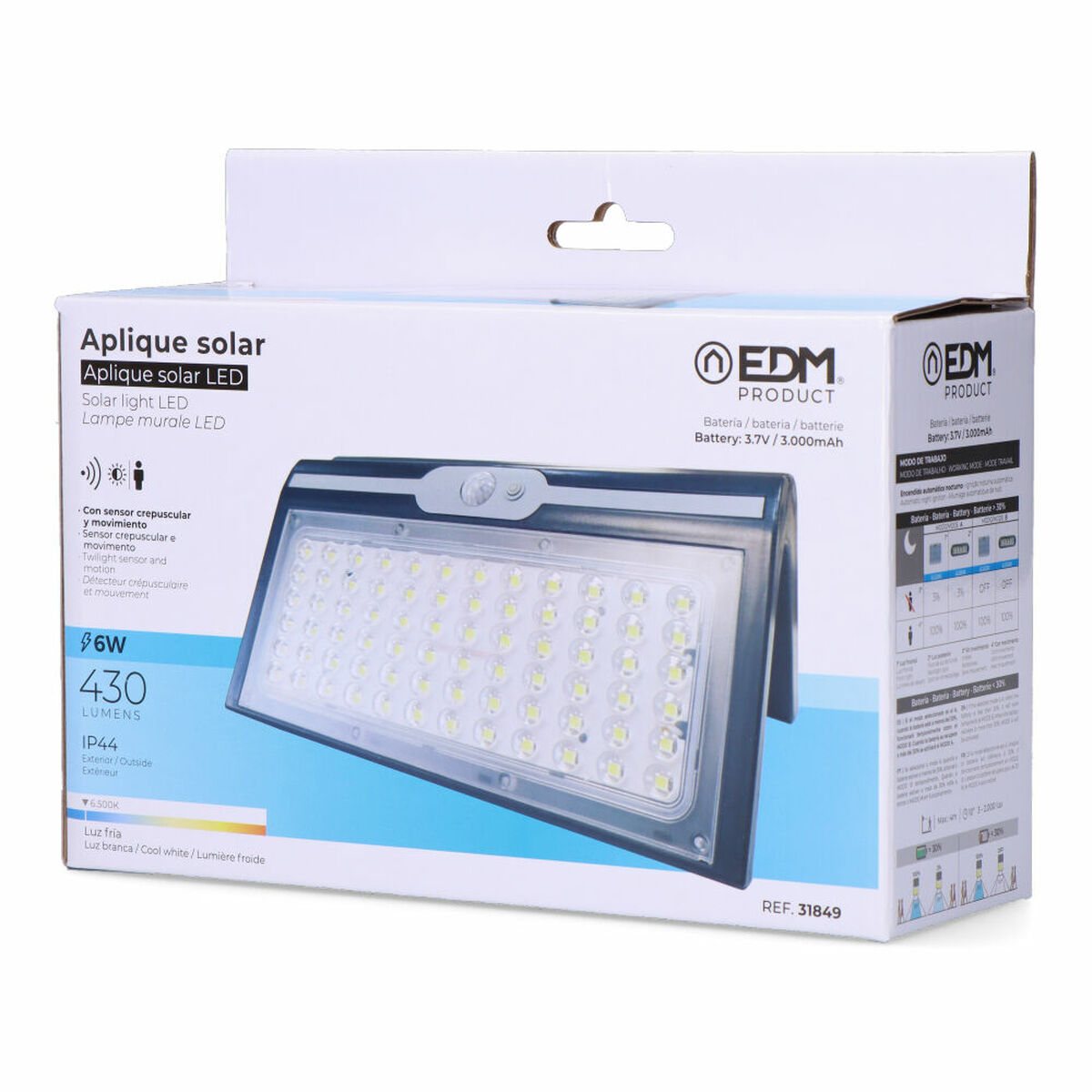Applique da Parete EDM 31849 Nero 6 W 430 Lm 6500 lm Sensore di Movimento Solare (6500 K) 6 S7920144_4