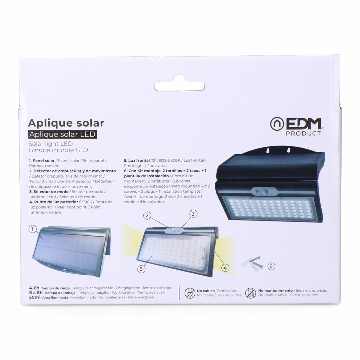Applique da Parete EDM 31849 Nero 6 W 430 Lm 6500 lm Sensore di Movimento Solare (6500 K) 7 S7920144_5