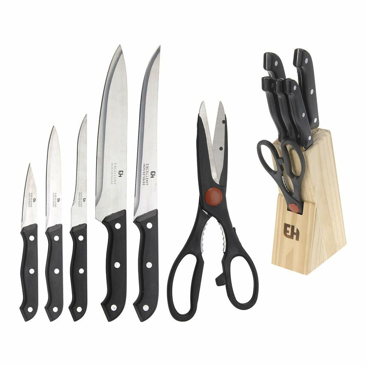 Set di Coltelli da Cucina con Supporto Excellent Houseware Forbicine 7 Pezzi Nero Legno Acciaio inossidabile polipropilene 2 S7921624_0