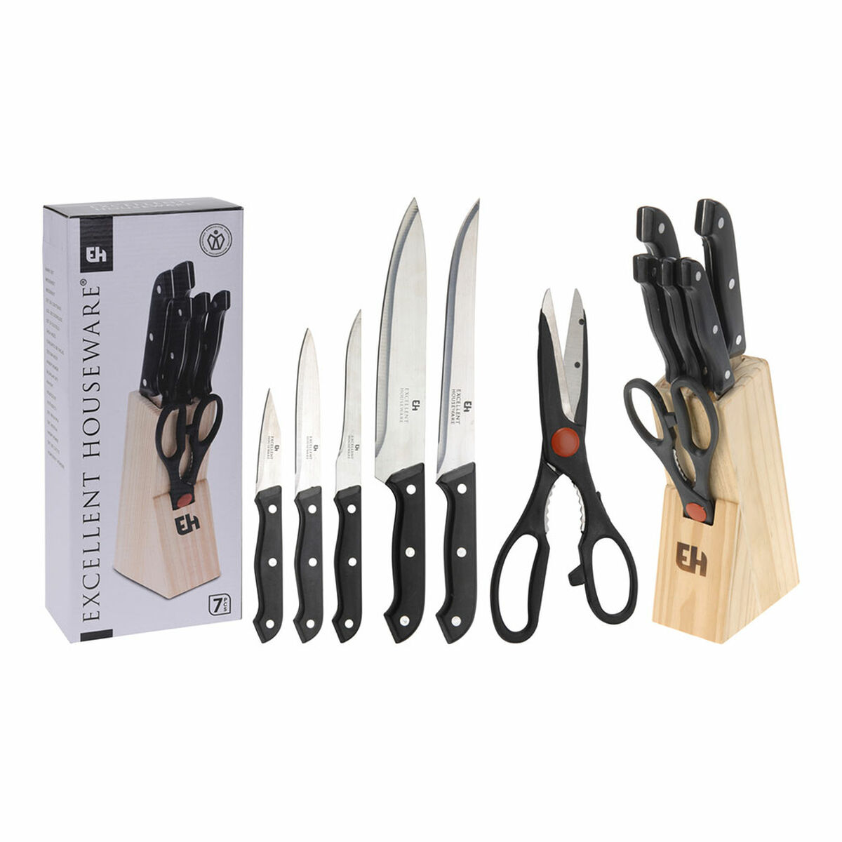 Set di Coltelli da Cucina con Supporto Excellent Houseware Forbicine 7 Pezzi Nero Legno Acciaio inossidabile polipropilene 3 S7921624_1