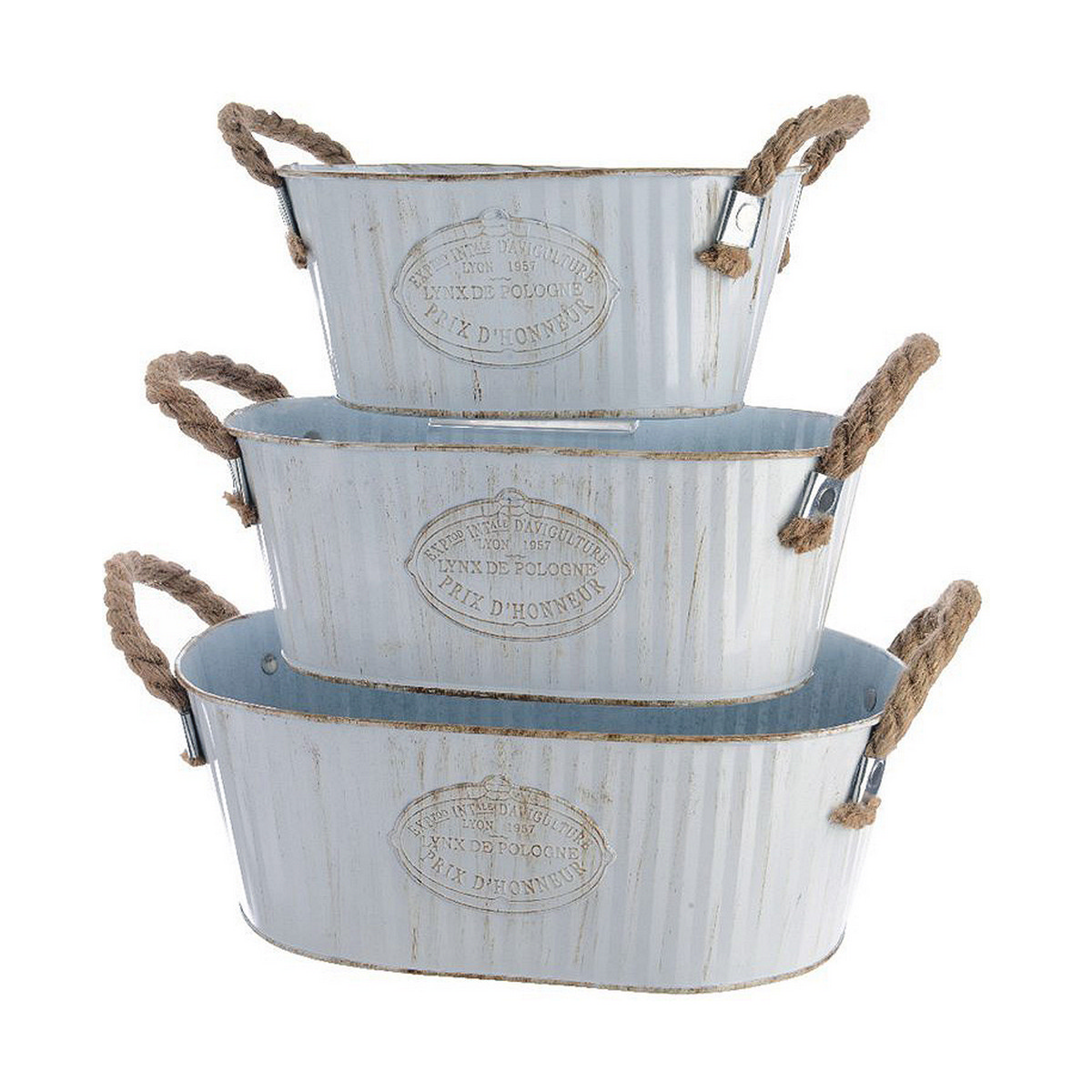 Set di vasi da fiori Decoris Bianco Metallo Corda Zinco Ovale Con manici (3 Pezzi) 2 S7901714_0
