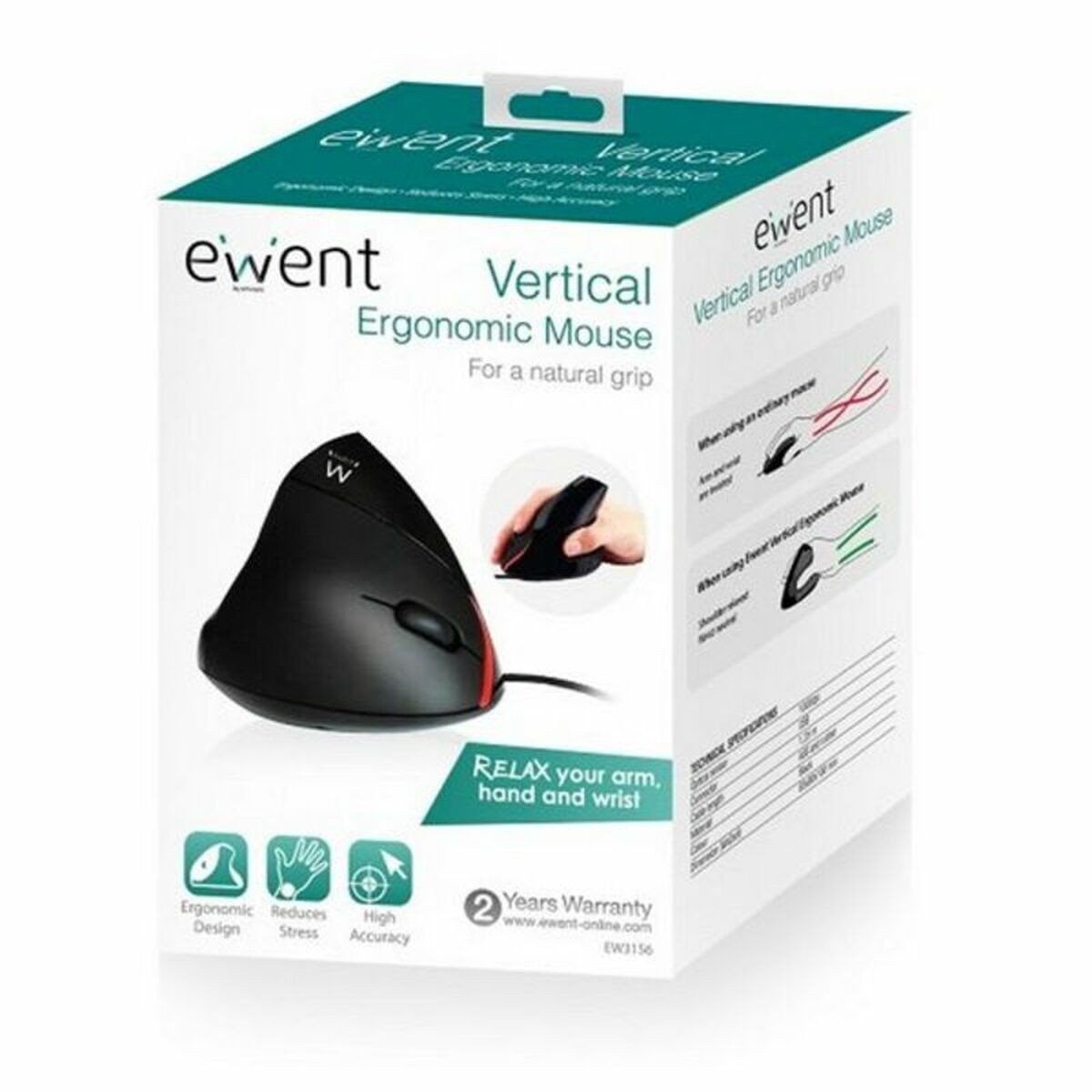 Mouse Ergonomico Ottico Ewent EW3156 1000 dpi USB Nero Nero/Rosso Rosso/Nero 5 S5626318_3