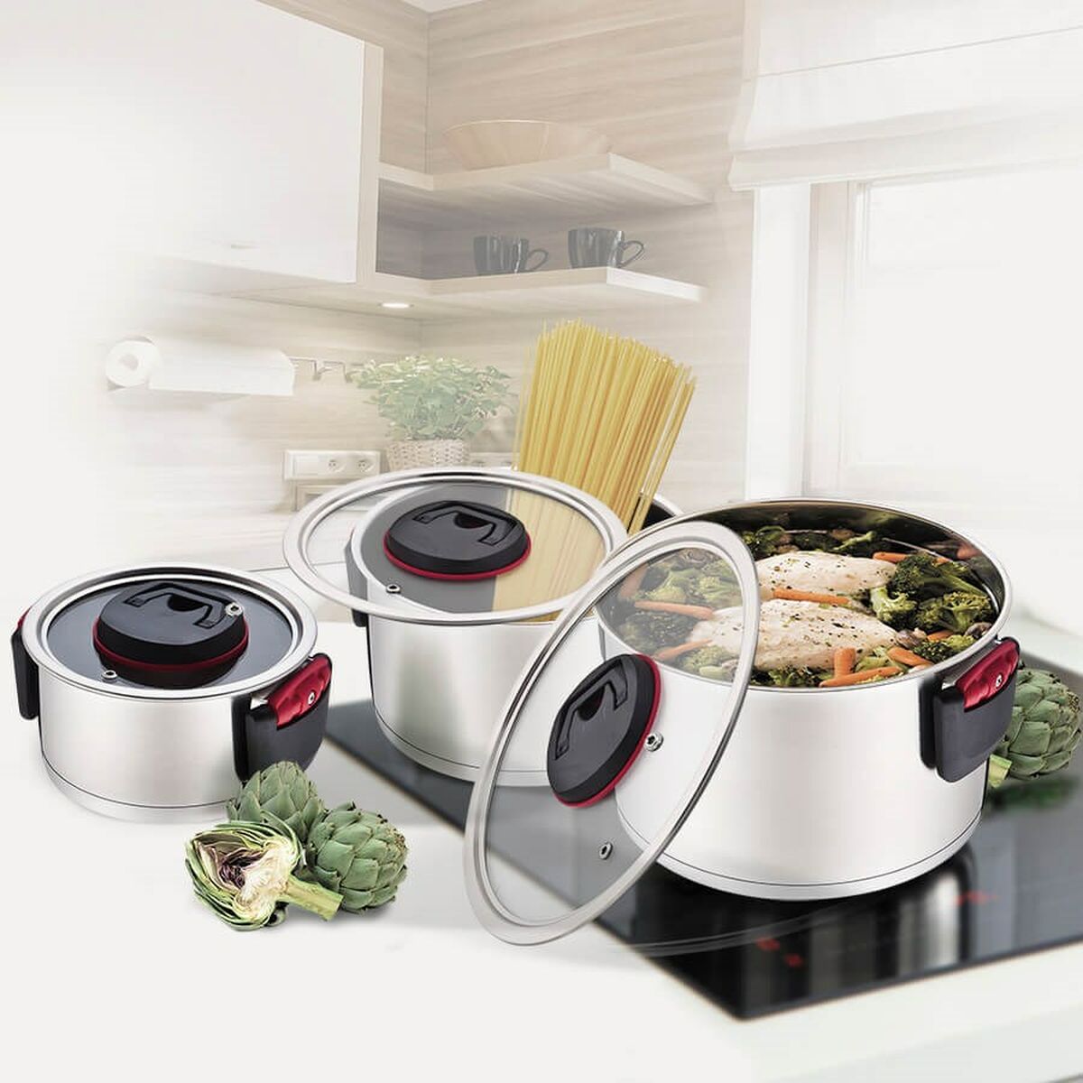 Pentola con Coperchio Feel Maestro MR-3530-6 Nero Rosso Acciaio Acciaio inossidabile Plastica Ø 24 cm Ø 20 cm Ø 16 cm 1,5 L 5,8 6 S9102991_4