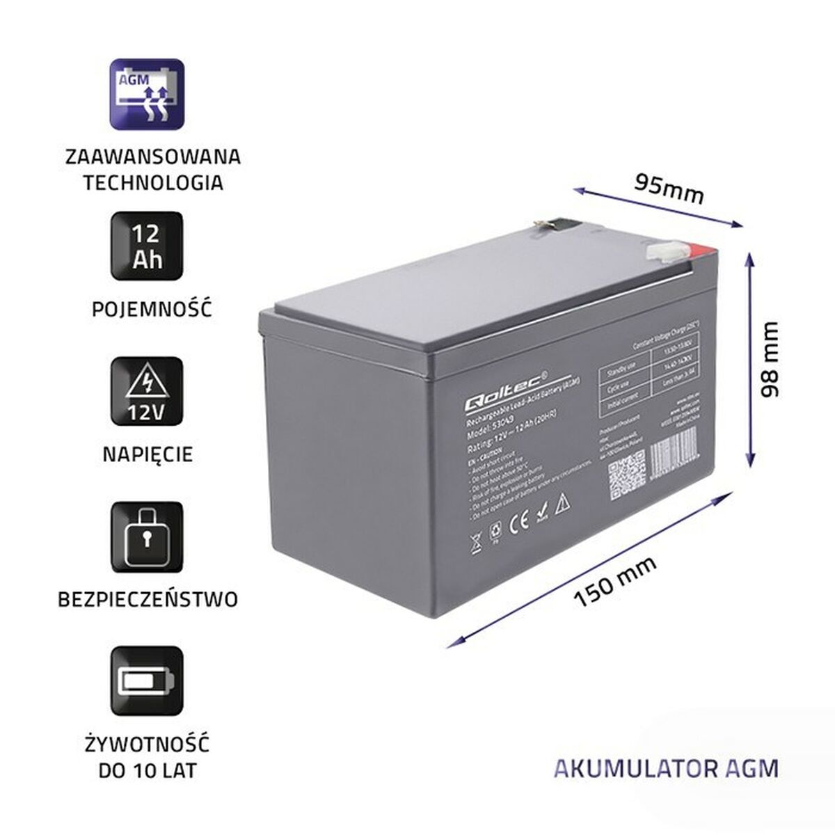 Batteria per Gruppo di Continuità UPS Qoltec 53049 12 Ah 12 V 4 S9129958_2