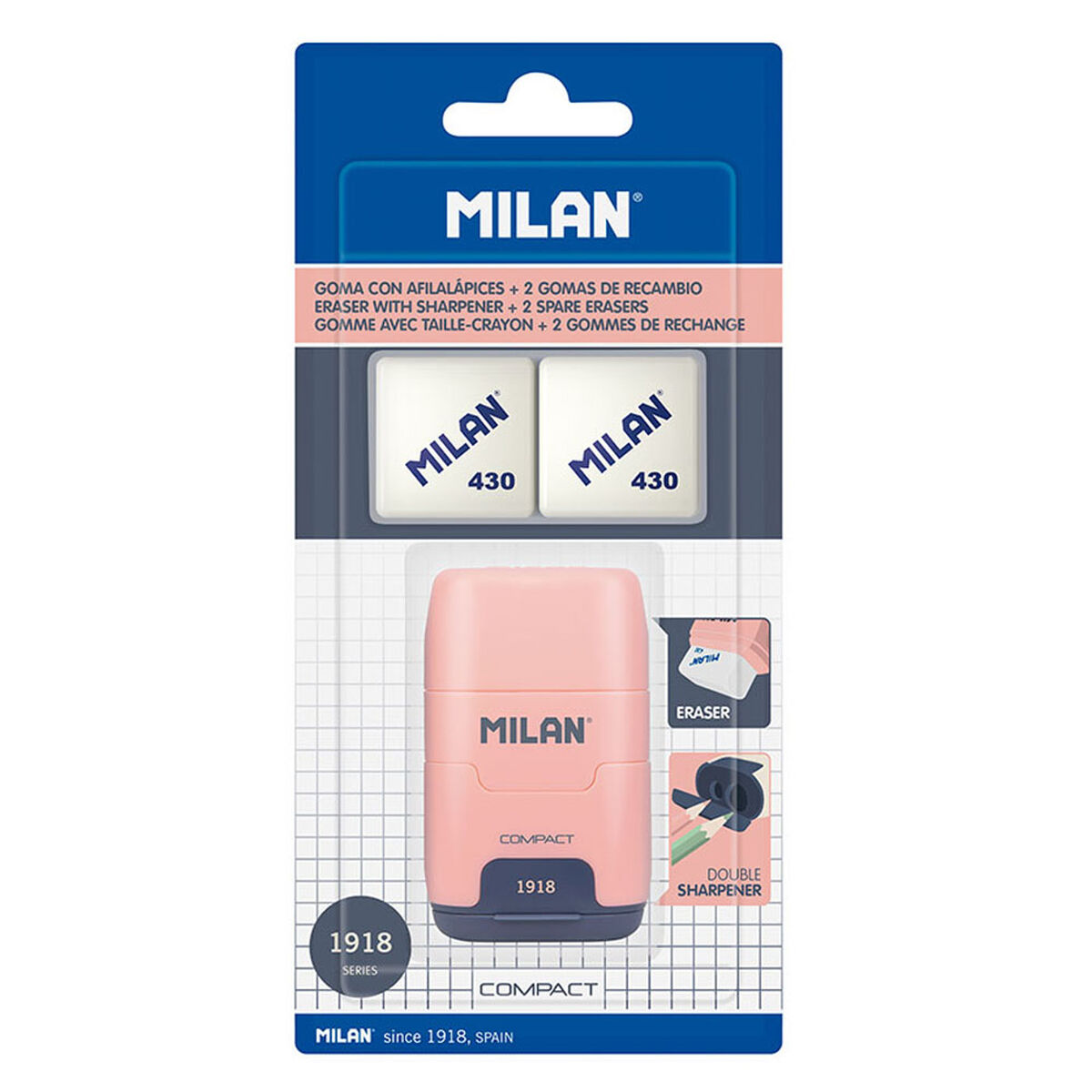 Set di Gomma da Cancellare e Temperamatite Milan Afilaborra Compact Serie 1918 Doppia Rosa 2 S7920962_0