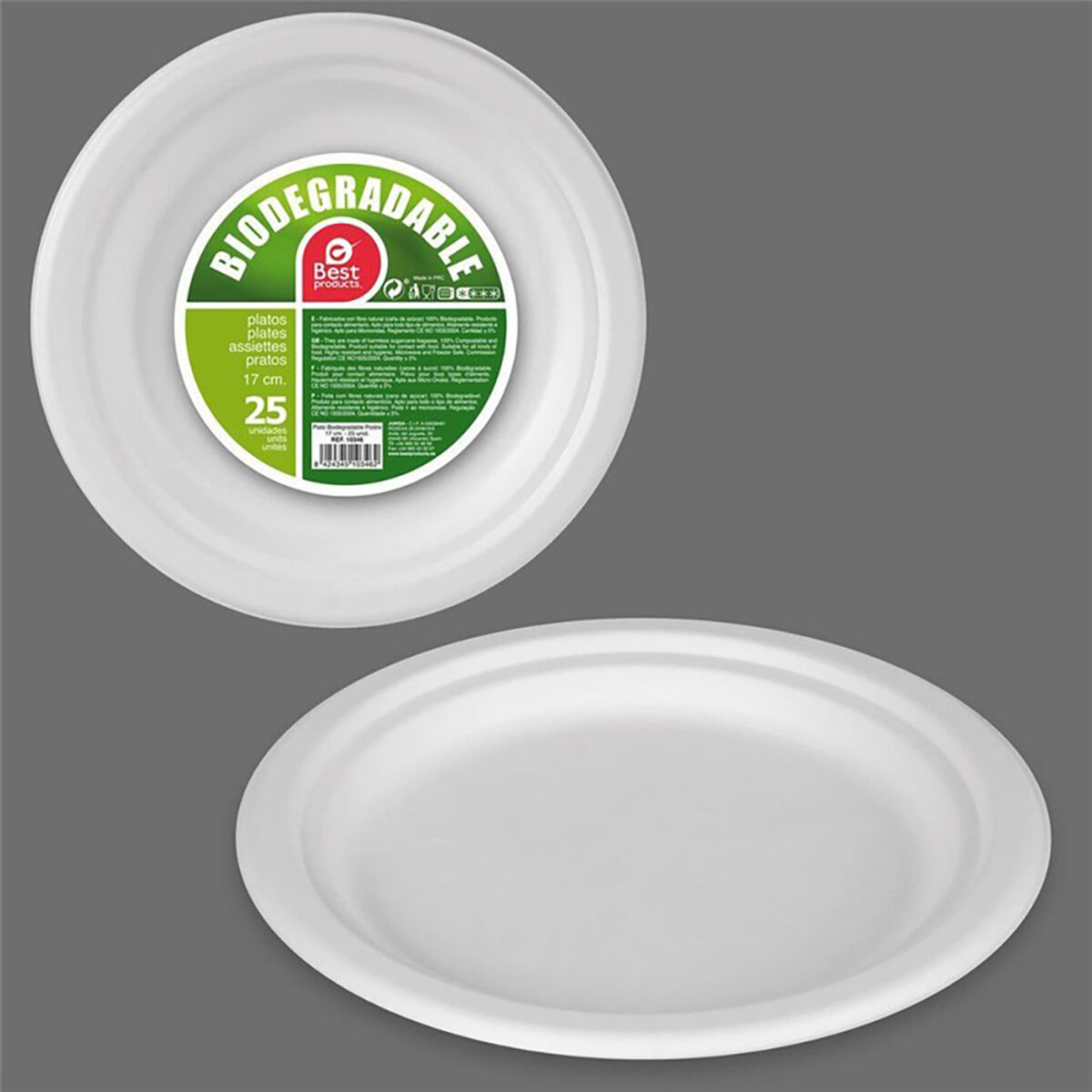 Set di piatti Best Products Green Canna da Zucchero Ø 17 cm Bianco Biodegradabile Monouso 25 Unità 3 S7926293_1