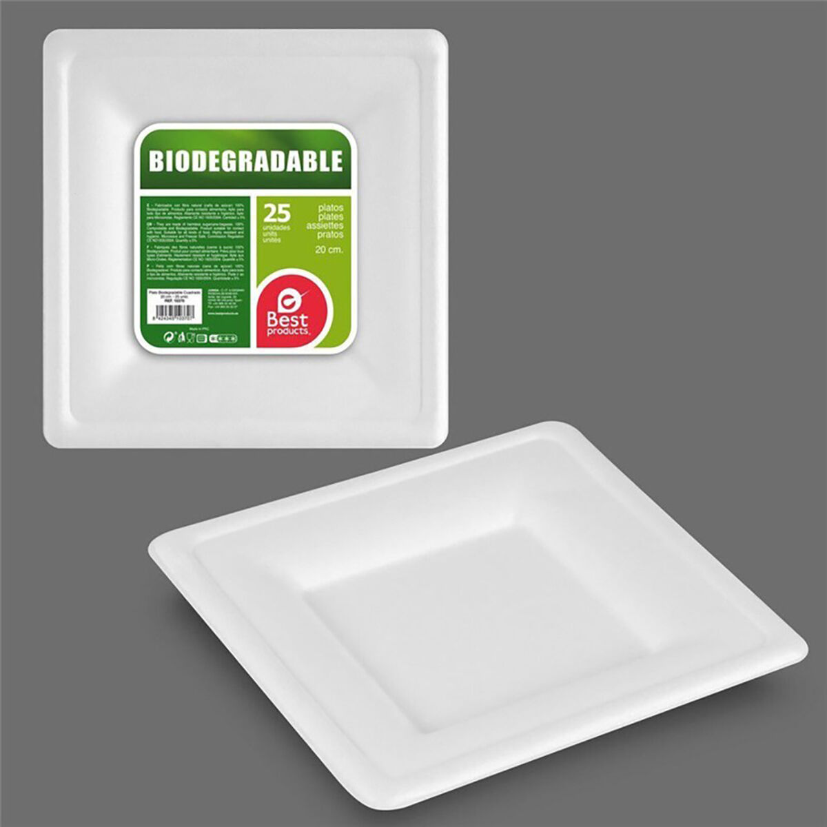 Set di piatti Best Products Green Canna da Zucchero Ø 20 cm Bianco Biodegradabile Monouso 25 Unità 3 S7926296_1