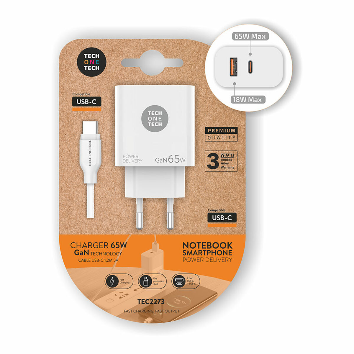 Caricabatterie da Parete + Cavo USB-C Tech One Tech TEC2273 Bianco 65 W 2 S9907645_0