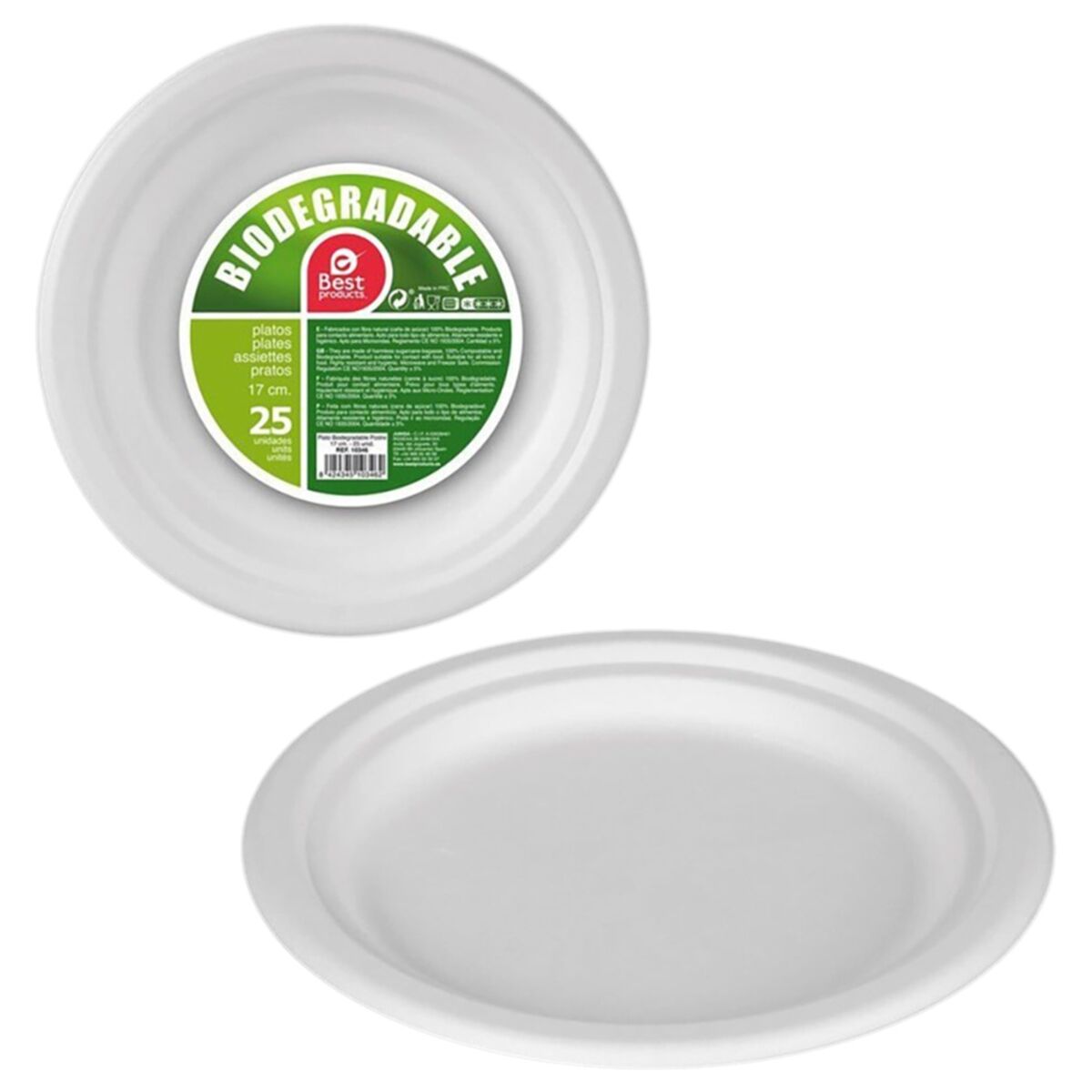 Set di piatti Best Products Green Canna da Zucchero Ø 17 cm Bianco Biodegradabile Monouso 25 Unità 2 S7926293_0