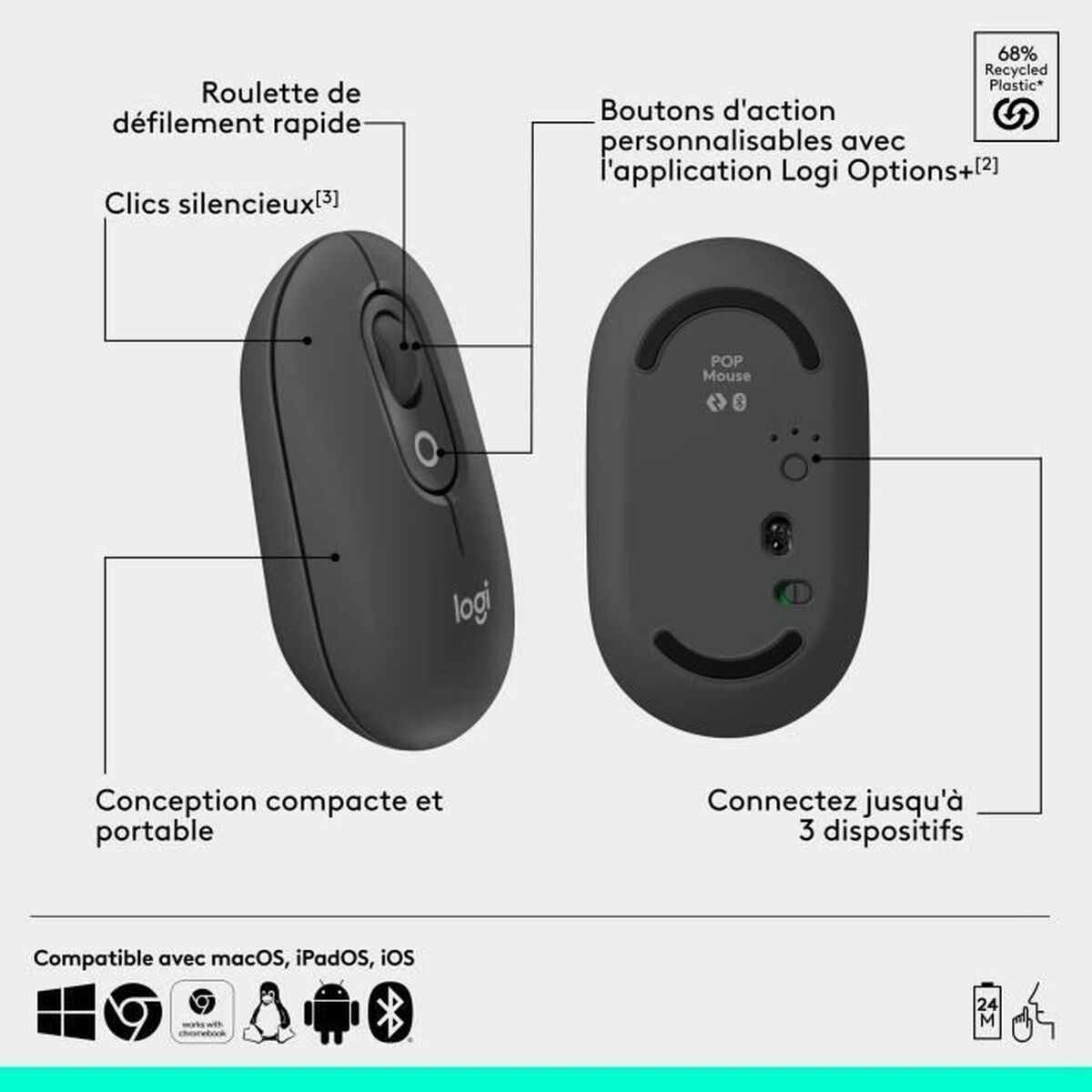 Mouse Bluetooth Wireless Logitech Pop Grigio scuro 7 S71011338_5