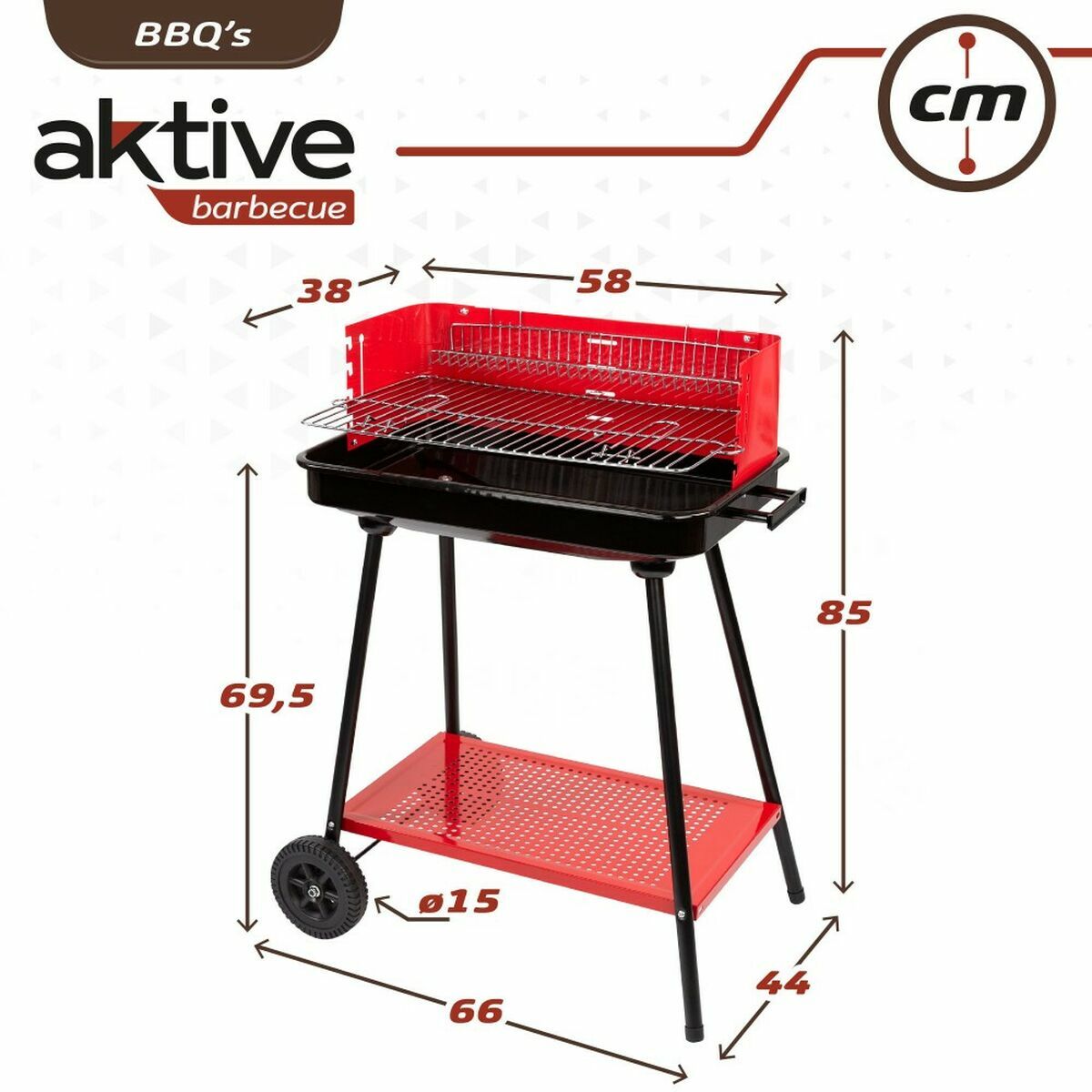 Barbecue a Carboni con Ruote Aktive Acciaio Plastica 66 x 44 x 85 cm Rettangolare Rosso 6 S2433339_4