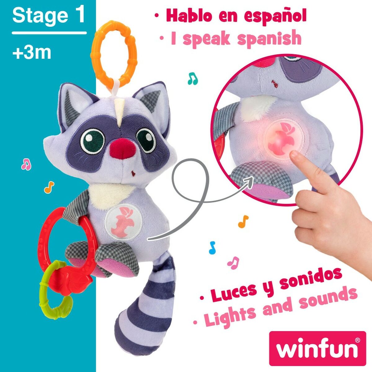Peluche con Sonagli Winfun Procione 14,5 x 20 x 9,5 cm (6 Unità) 4 S8900113_2